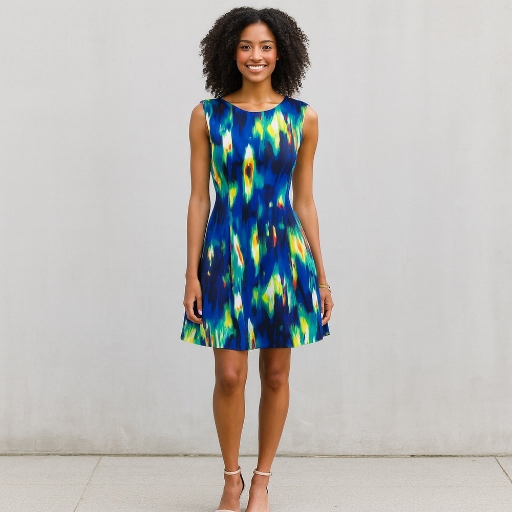 Calvin Klein Blue and Yellow Abstract Colorful A-line Sleeveless Dress